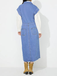 Slit Half Button Collared Neck Cap Sleeve Denim Dress - 7DAY'S