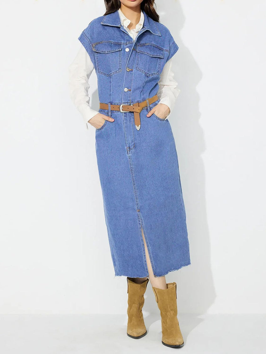 Slit Half Button Collared Neck Cap Sleeve Denim Dress - 7DAY'S