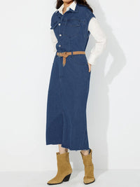 Slit Half Button Collared Neck Cap Sleeve Denim Dress - 7DAY'S