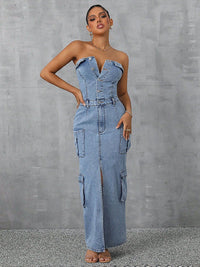 Slit Half Button Tube Denim Dress - 7DAY'S