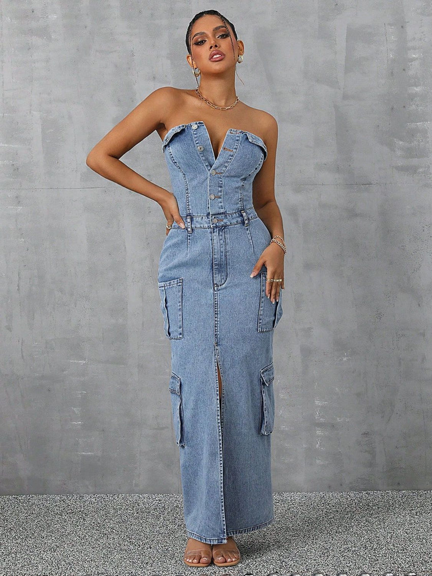 Slit Half Button Tube Denim Dress - 7DAY'S