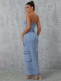 Slit Half Button Tube Denim Dress - 7DAY'S