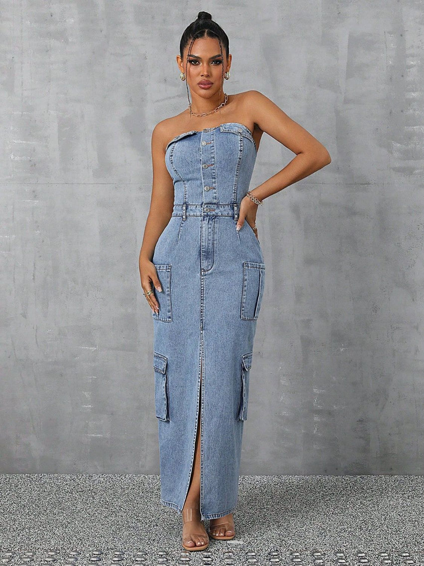 Slit Half Button Tube Denim Dress - 7DAY'S