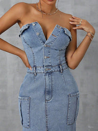 Slit Half Button Tube Denim Dress - 7DAY'S