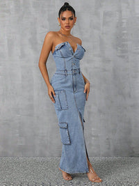 Slit Half Button Tube Denim Dress - 7DAY'S