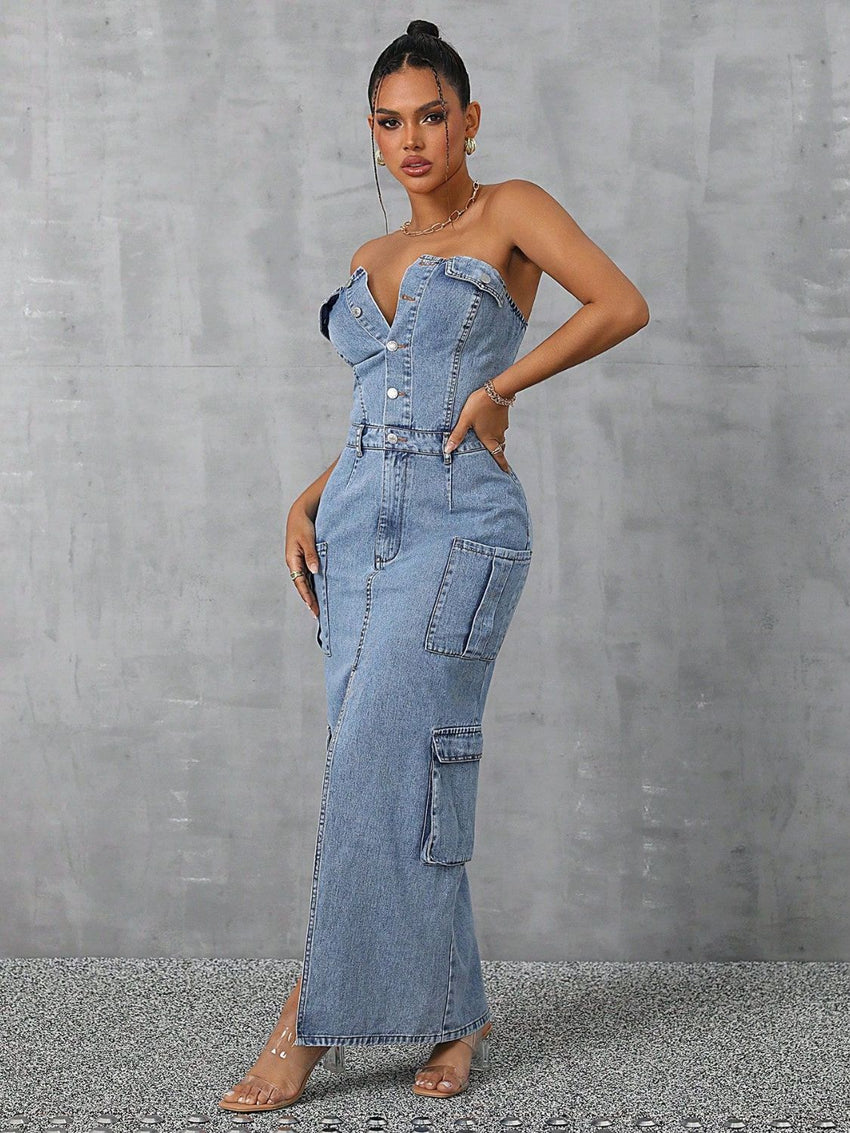 Slit Half Button Tube Denim Dress - 7DAY'S