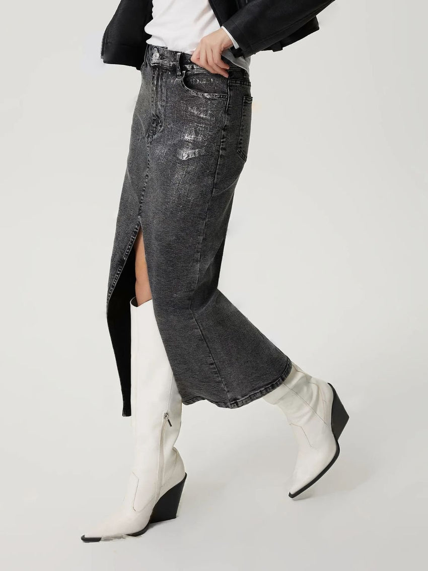 Slit Midi Denim Skirt with Pockets - 7DAY'S