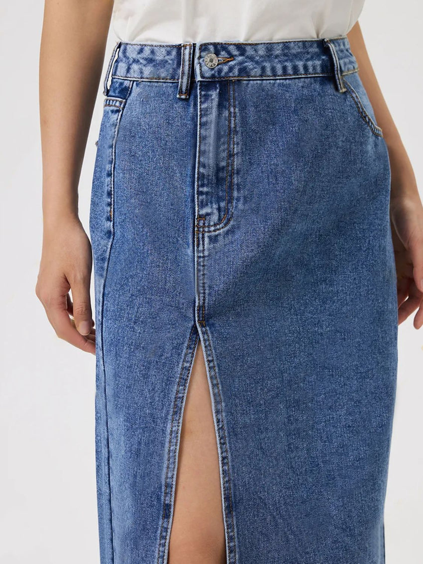 Slit Midi Denim Skirt with Pockets - 7DAY'S