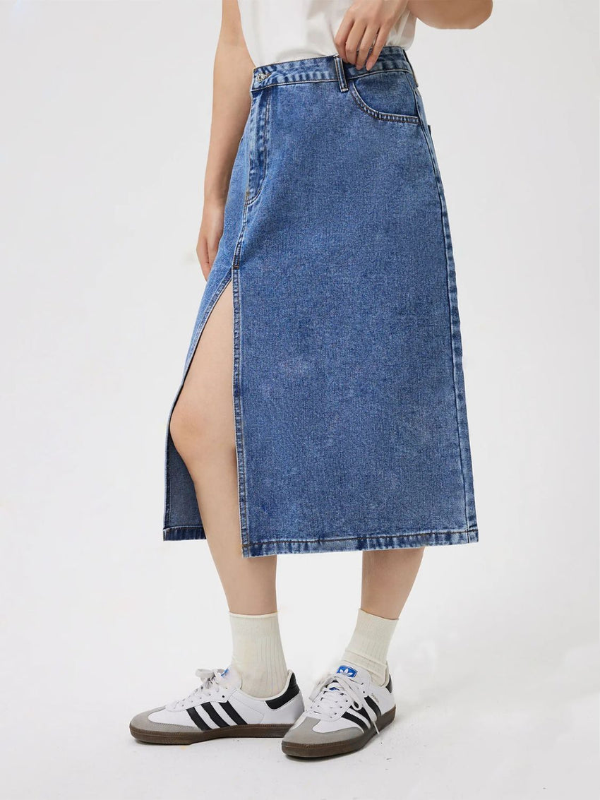 Slit Midi Denim Skirt with Pockets - 7DAY'S
