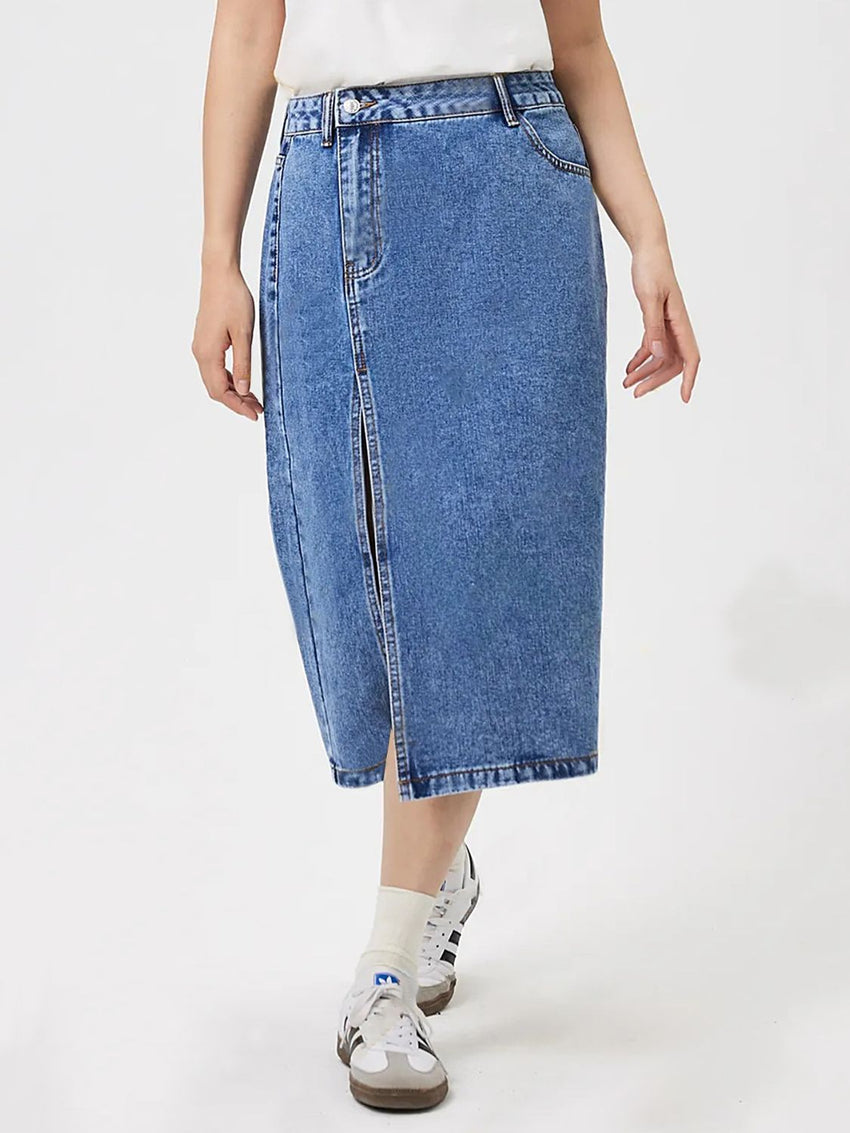 Slit Midi Denim Skirt with Pockets - 7DAY'S
