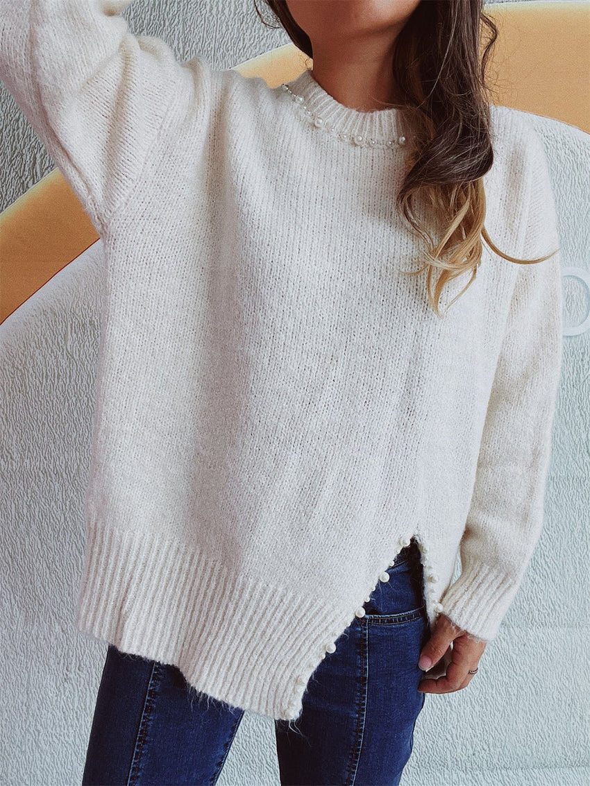 Slit Pearl Trim Round Neck Long Sleeve Sweater - 7DAY'S