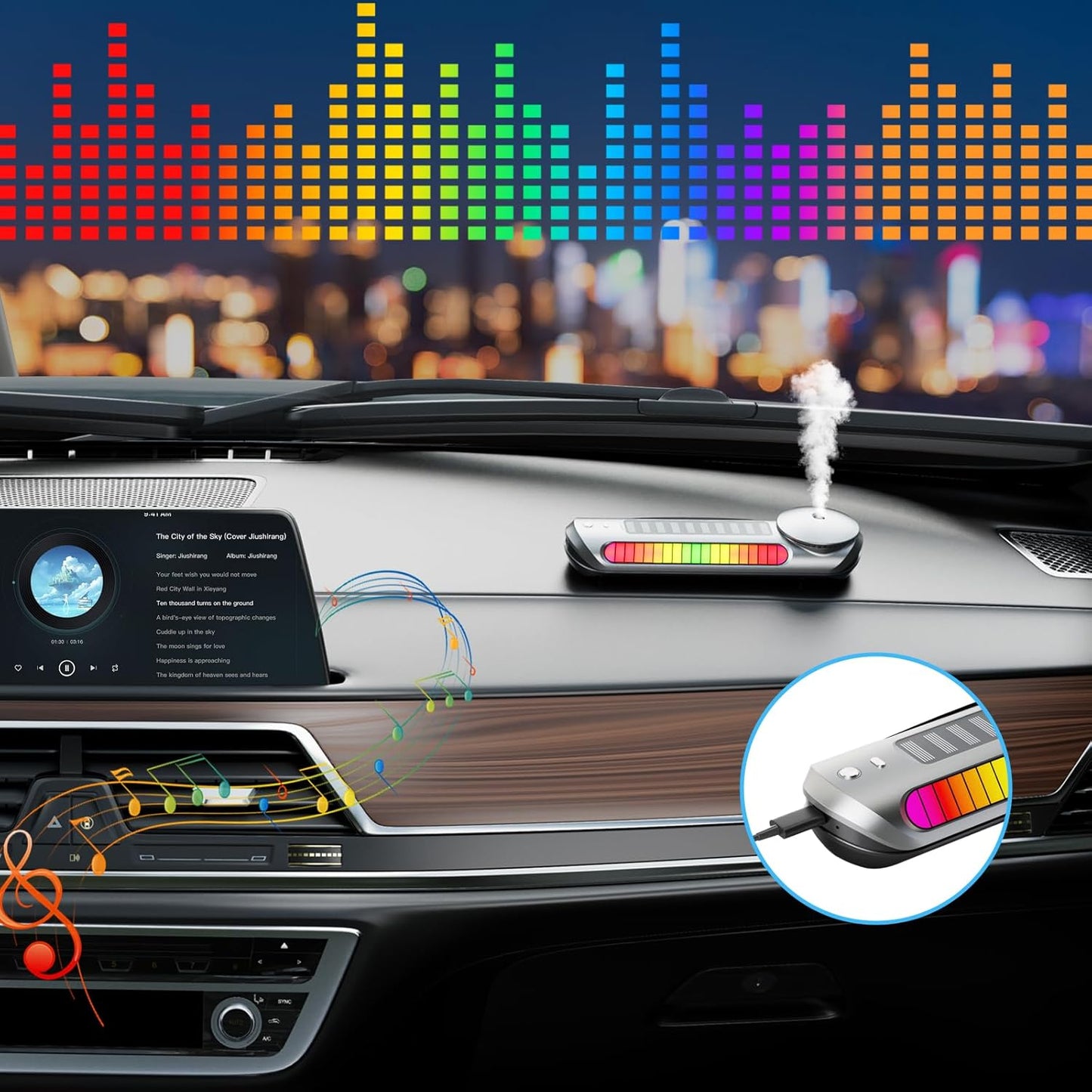 Smart Car Air Freshener Solar Car Diffuser with Auto On/Off, Aluminum Alloy Body, 3 Adjustable Modes, Built - in Battery, Solar or typeC Charing, Ambient Light, Oil Diffuser for Car Black - 7DAY'S