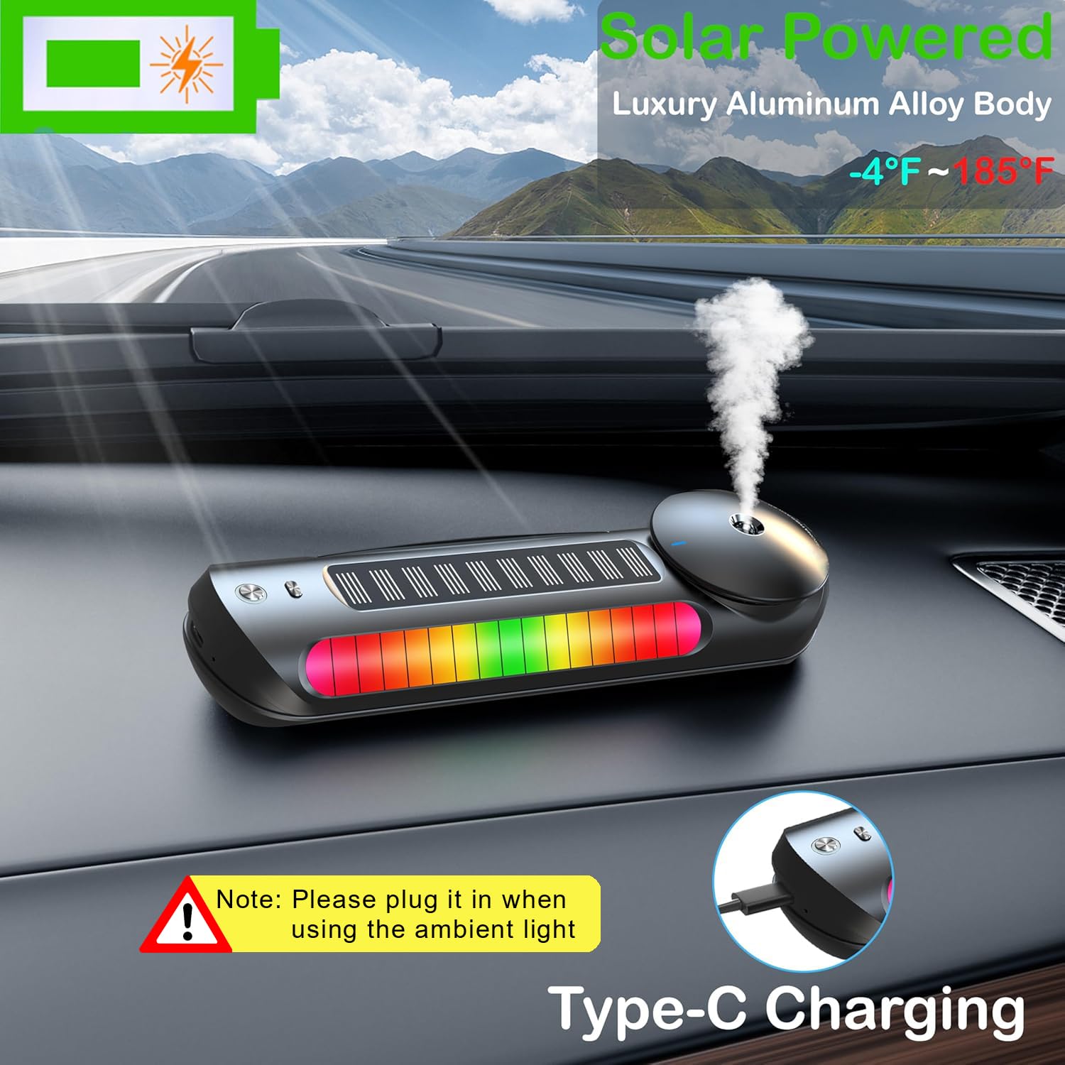 Smart Car Air Freshener with Solar, Car Diffuser with Auto On/Off, Aluminum Alloy Body, 3 Adjustable Concentration, Built - in Battery, Ambient Light, Best Essential Oil Diffuser for Car Black - 7DAY'S