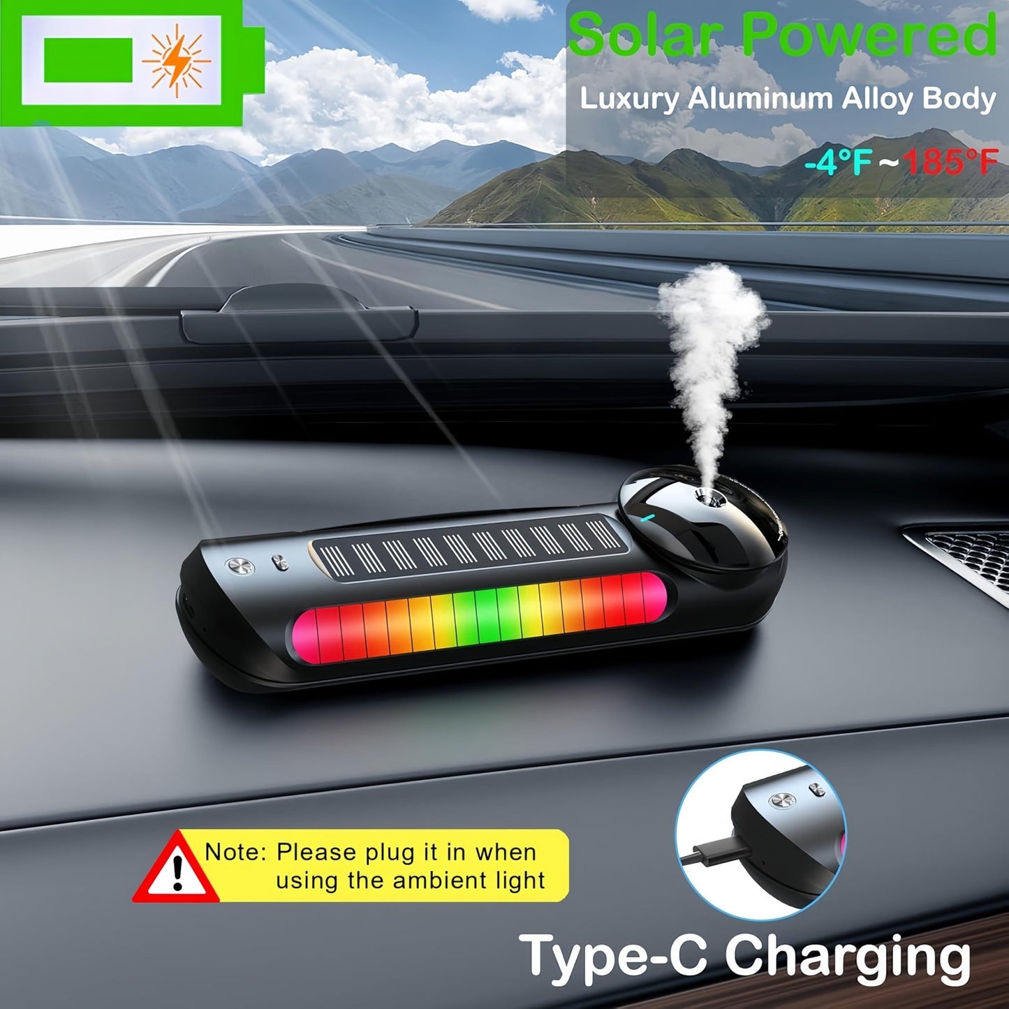 Smart Car Air Freshener with Solar, Car Diffuser with Auto On/Off, Aluminum Alloy Body, 3 Adjustable Concentration, Built - in Battery, Ambient Light, Best Essential Oil Diffuser for Car Black - 7DAY'S