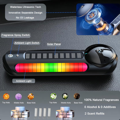 Smart Car Air Freshener with Solar, Car Diffuser with Auto On/Off, Aluminum Alloy Body, 3 Adjustable Concentration, Built - in Battery, Ambient Light, Best Essential Oil Diffuser for Car Black - 7DAY'S