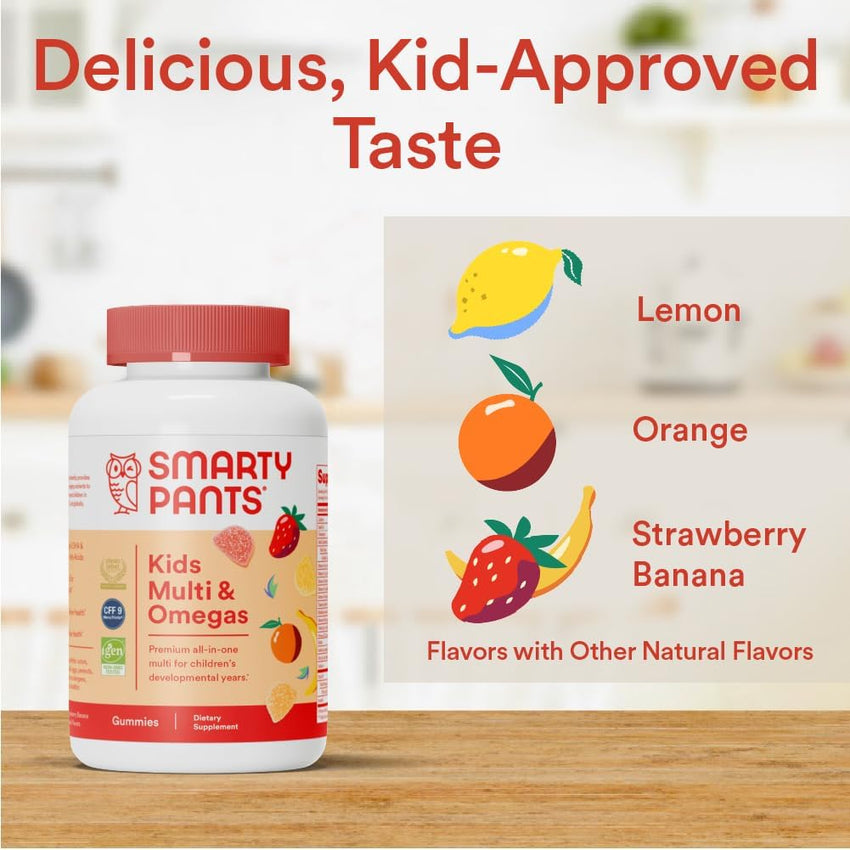 SmartyPants Kids Multivitamin Gummies: Omega 3 Fish Oil (EPA/DHA), Vitamin D3, C, Vitamin B12, B6, A, K & Zinc for Immune Support, Biotin, Gluten Free, Three Fruit Flavors, 120 Count (30 Day Supply) - 7DAY'S