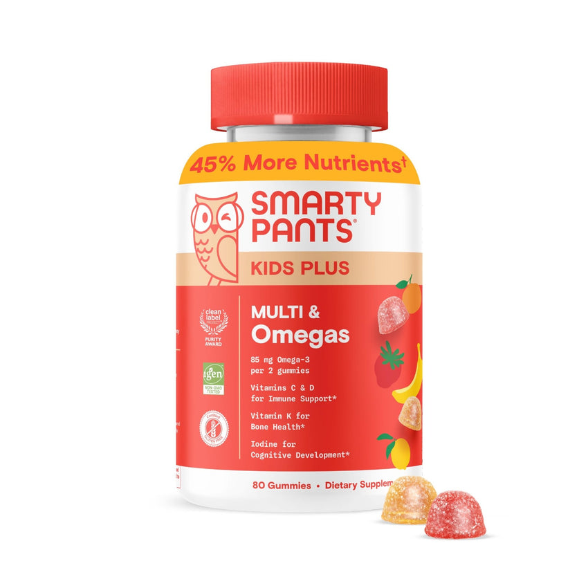 SmartyPants Kids Multivitamin Gummies: Omega 3 Fish Oil (EPA/DHA), Vitamin D3, C, Vitamin B12, B6, A, K & Zinc for Immune Support, Biotin, Gluten Free, Three Fruit Flavors, 120 Count (30 Day Supply) - 7DAY'S