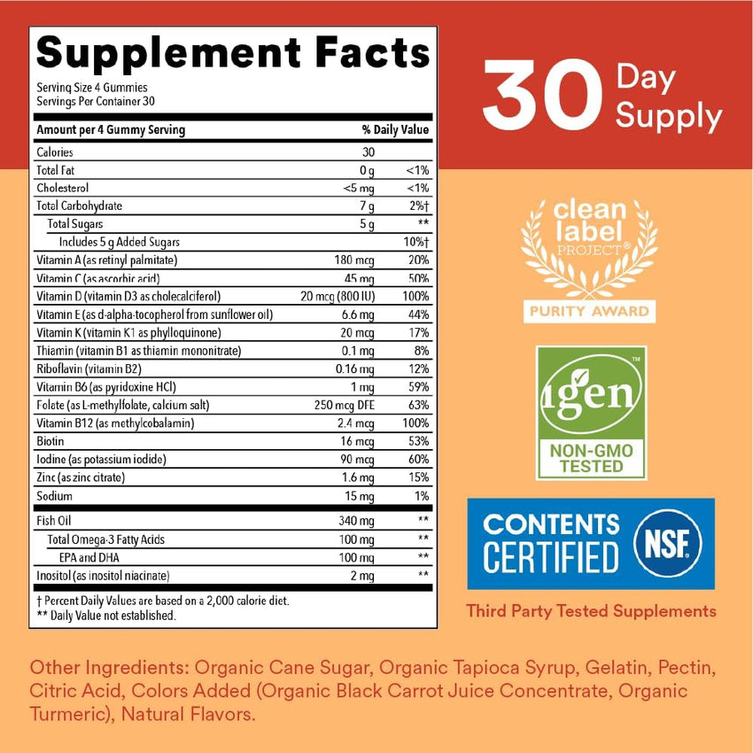 SmartyPants Kids Multivitamin Gummies: Omega 3 Fish Oil (EPA/DHA), Vitamin D3, C, Vitamin B12, B6, A, K & Zinc for Immune Support, Biotin, Gluten Free, Three Fruit Flavors, 120 Count (30 Day Supply) - 7DAY'S