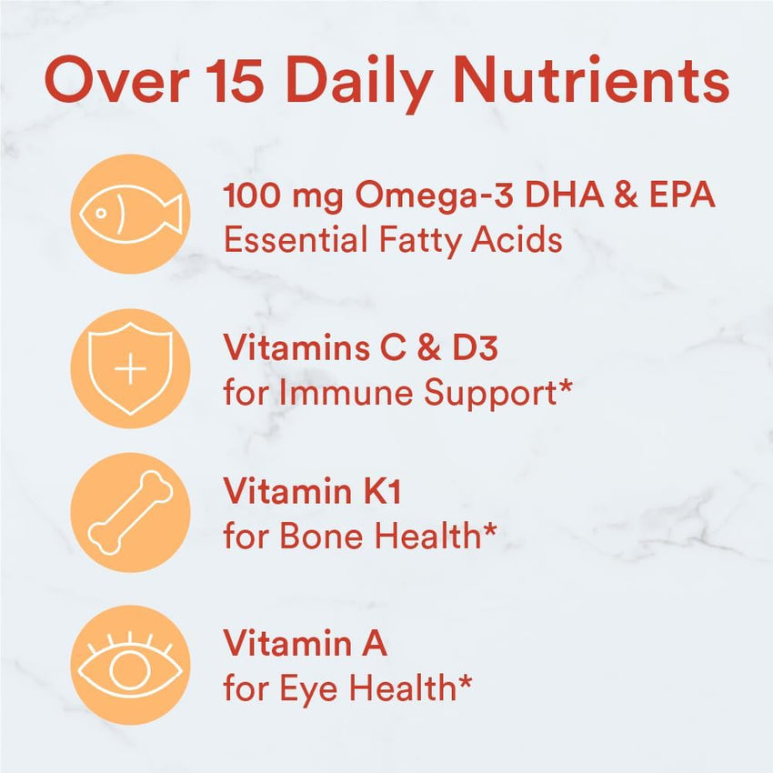 SmartyPants Kids Multivitamin Gummies: Omega 3 Fish Oil (EPA/DHA), Vitamin D3, C, Vitamin B12, B6, A, K & Zinc for Immune Support, Biotin, Gluten Free, Three Fruit Flavors, 120 Count (30 Day Supply) - 7DAY'S