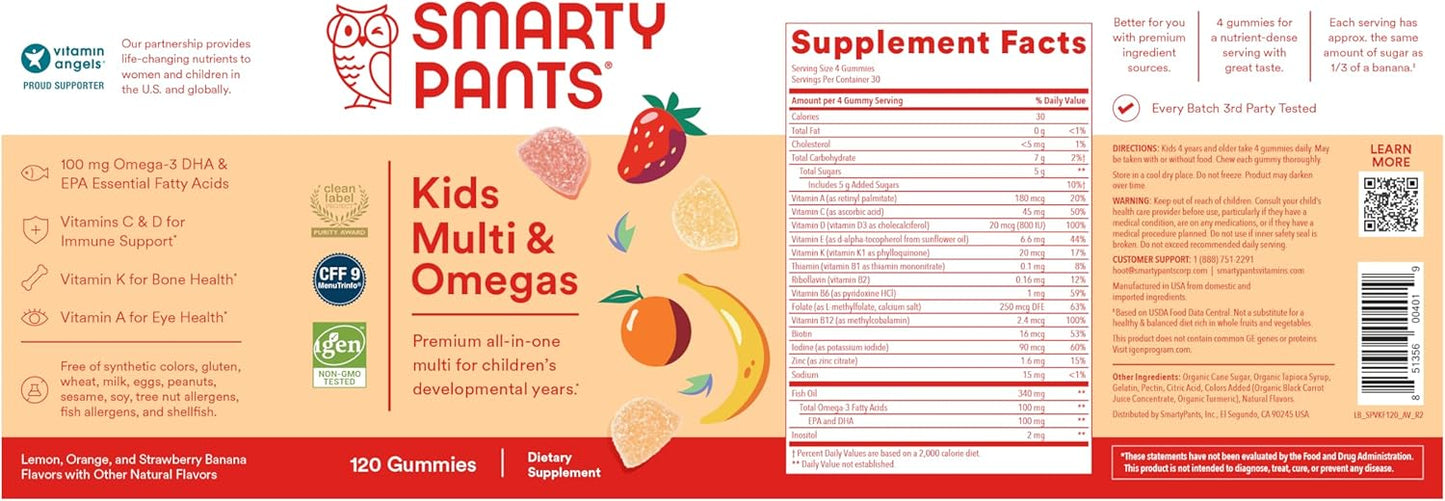 SmartyPants Kids Multivitamin Gummies: Omega 3 Fish Oil (EPA/DHA), Vitamin D3, C, Vitamin B12, B6, A, K & Zinc for Immune Support, Biotin, Gluten Free, Three Fruit Flavors, 120 Count (30 Day Supply) - 7DAY'S