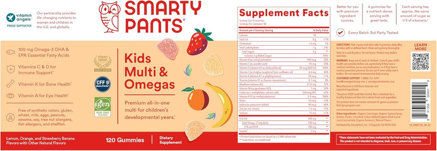 SmartyPants Kids Multivitamin Gummies: Omega 3 Fish Oil (EPA/DHA), Vitamin D3, C, Vitamin B12, B6, A, K & Zinc for Immune Support, Biotin, Gluten Free, Three Fruit Flavors, 120 Count (30 Day Supply) - 7DAY'S