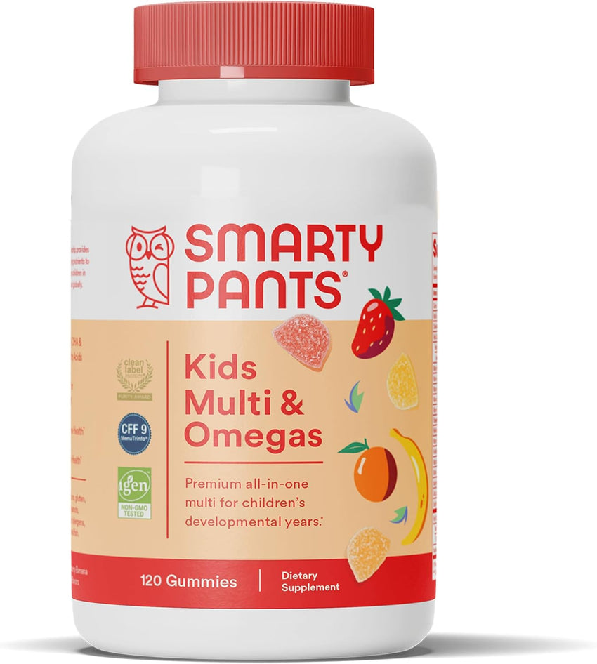 SmartyPants Kids Multivitamin Gummies: Omega 3 Fish Oil (EPA/DHA), Vitamin D3, C, Vitamin B12, B6, A, K & Zinc for Immune Support, Biotin, Gluten Free, Three Fruit Flavors, 120 Count (30 Day Supply) - 7DAY'S