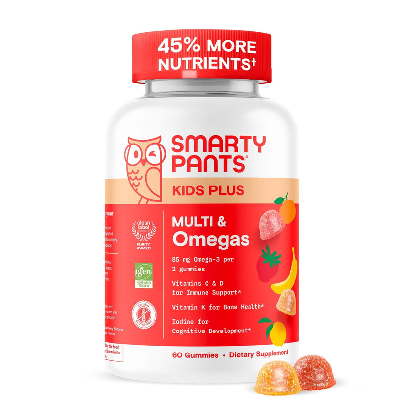 SmartyPants Kids Multivitamin Gummies: Omega 3 Fish Oil (EPA/DHA), Vitamin D3, C, Vitamin B12, B6, A, K & Zinc for Immune Support, Biotin, Gluten Free, Three Fruit Flavors, 120 Count (30 Day Supply) - 7DAY'S