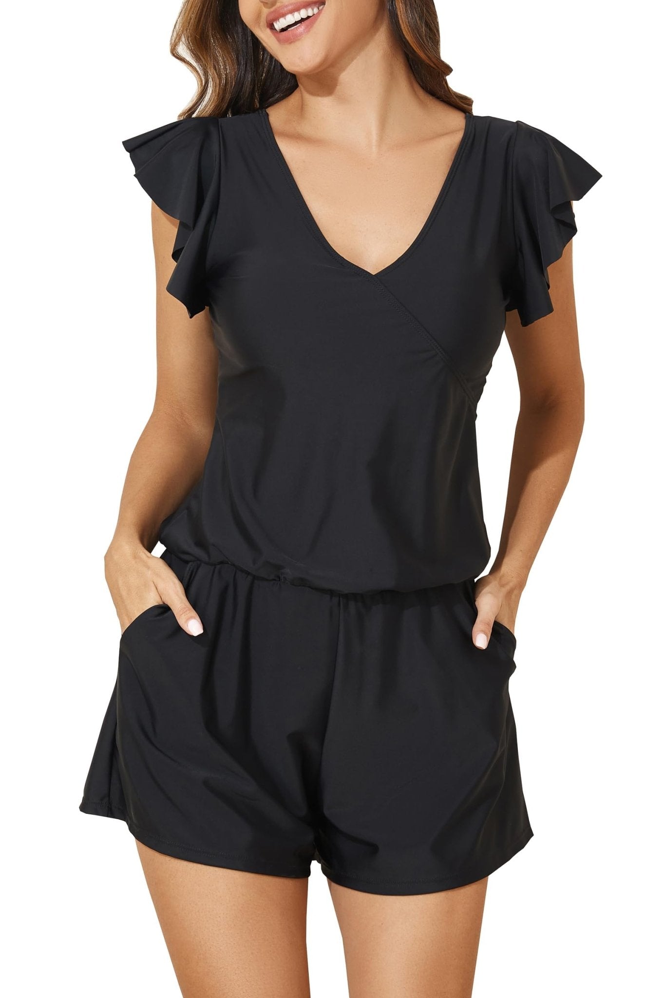 Smismivo Swim Romper with Built in Bra and Pockets Swim Dress Modest One Piece Swimsuit Full Coverage Bathing Suit - 7DAY'S