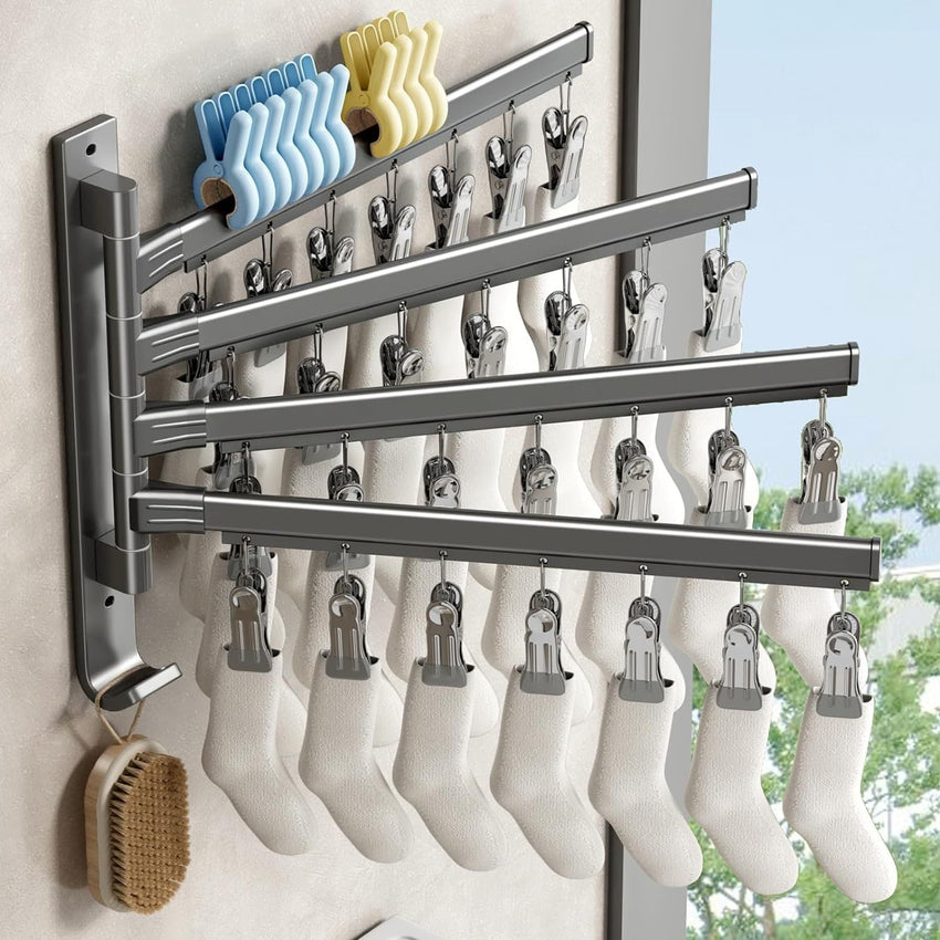 Sock Drying Rack Wall Mounted Rotate Drying Hangers with 28 Clips Laundry Rack for Bra Gloves Hat Baby Cloth Underwear - 7DAY'S