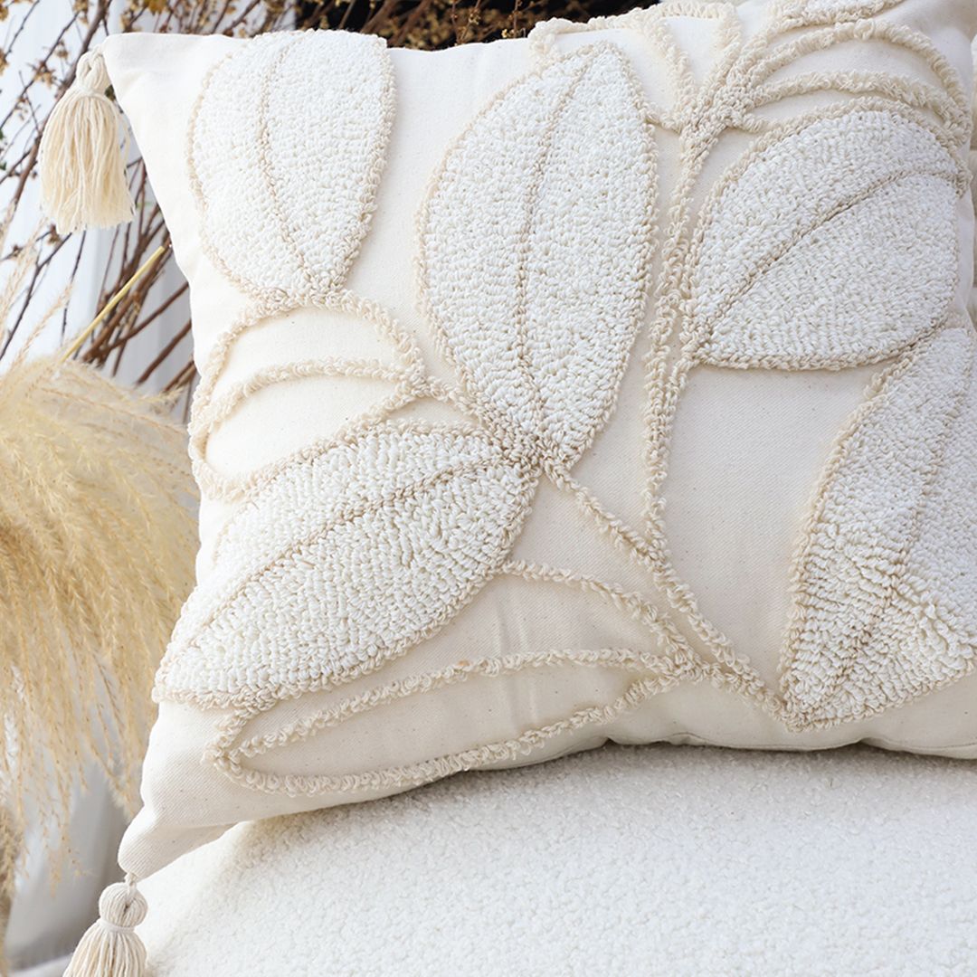 SOGA 45cm Wabi - sabi Cream Flower Cover & Beige Velvet Leaf Ring Square Throw Pillow - 7DAY'S