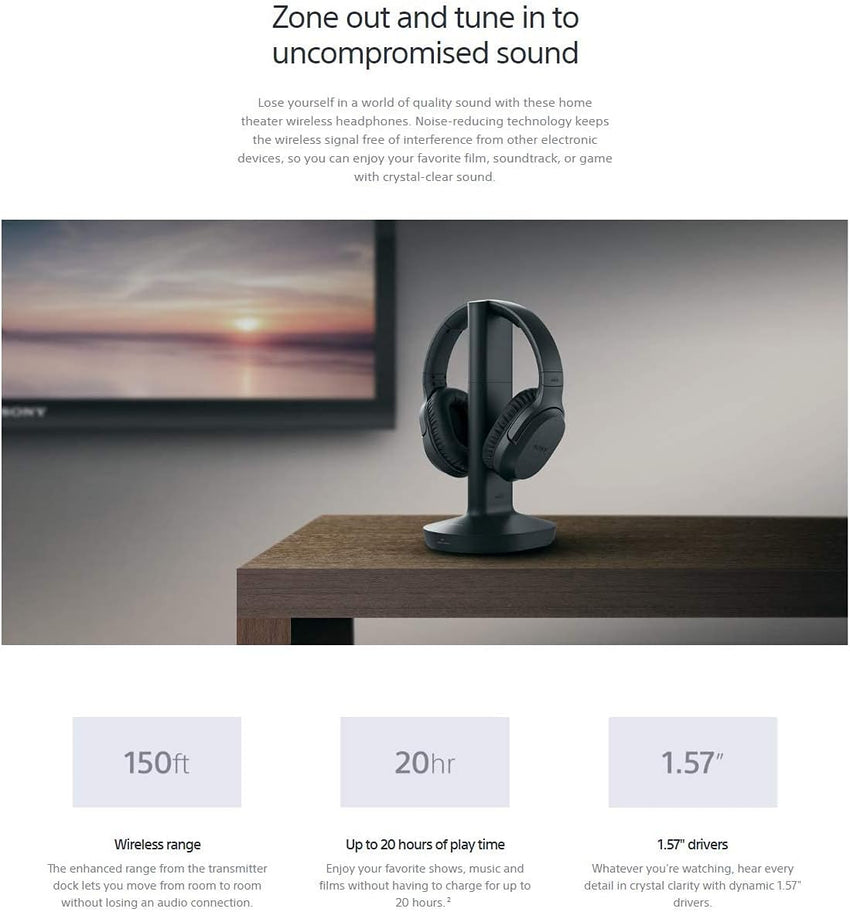 Sony Wireless RF Home Theater TV Headphones with Transmitter - 150 - ft Wireless Range, Up to 20 Hours of Play Time (Black) & Zonoz Microfiber Cleaning Cloth Bundle - 7DAY'S