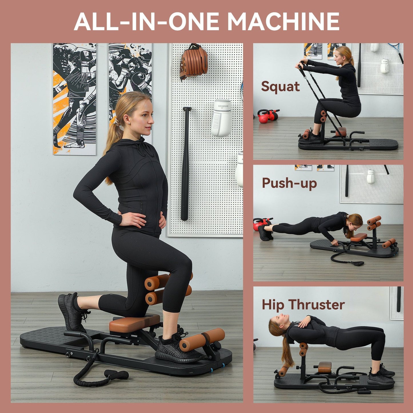 Soozier Foldable Sissy Squat Machine, Hip Thrust Machine with Push Up Stand, Multipurpose Glute Workout Equipment, Black - 7DAY'S