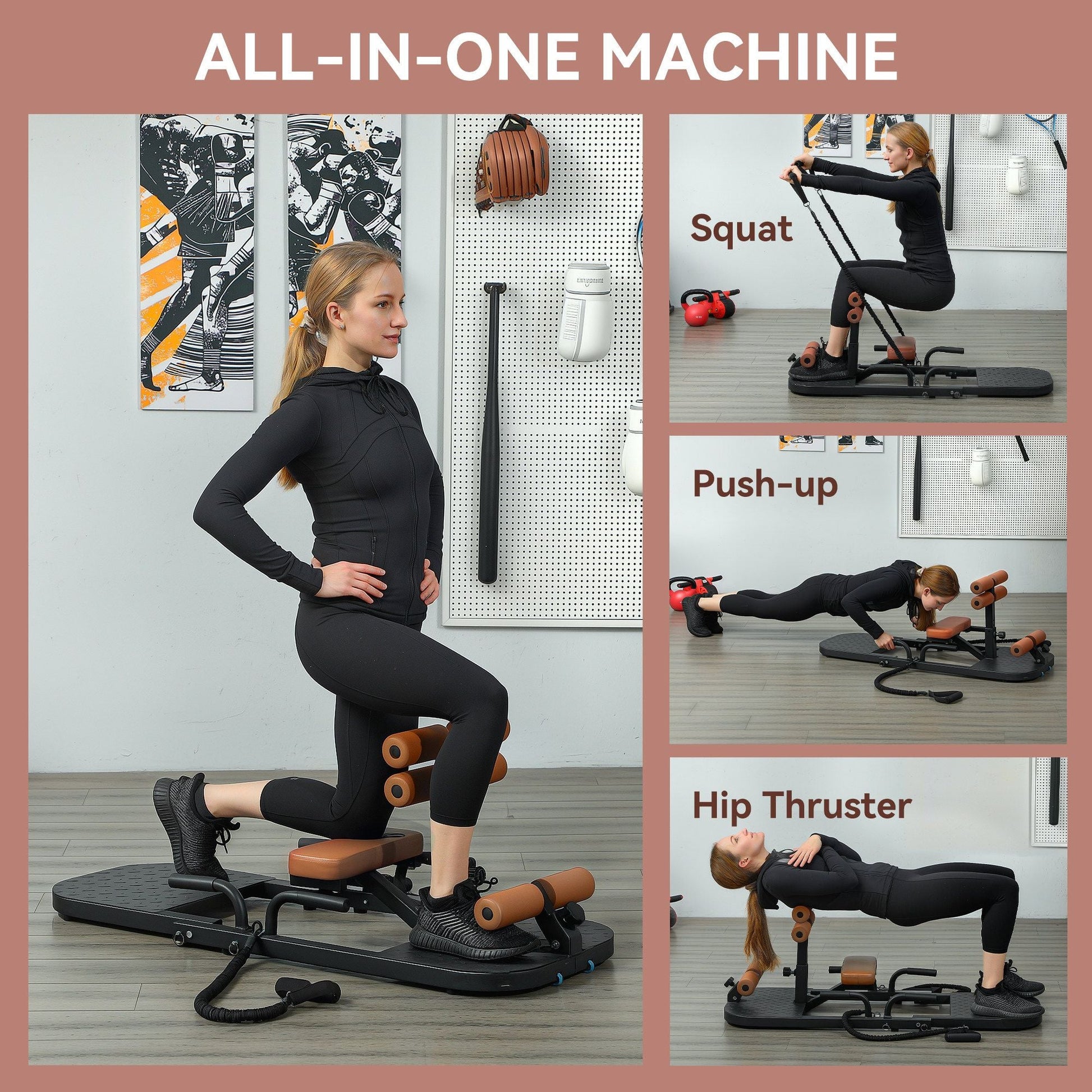 Soozier Foldable Sissy Squat Machine, Hip Thrust Machine with Push Up Stand, Multipurpose Glute Workout Equipment, Black - 7DAY'S