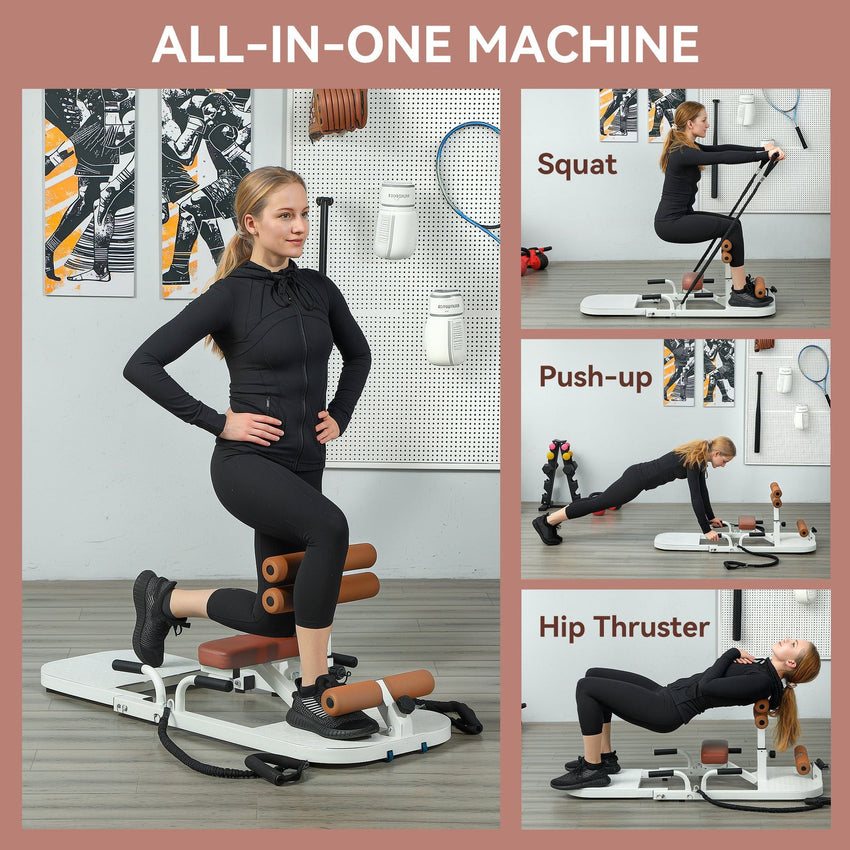 Soozier Foldable Sissy Squat Machine, Hip Thrust Machine with Push Up Stand, Multipurpose Glute Workout Equipment, White - 7DAY'S