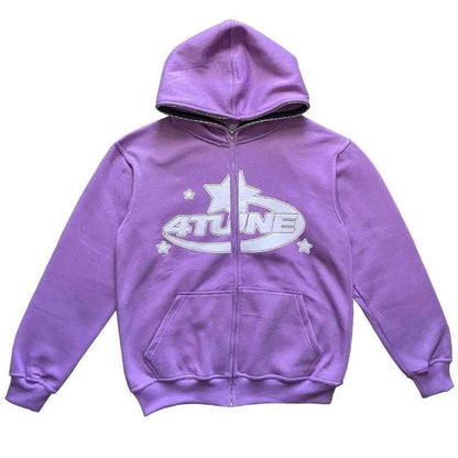 Star Letter Print Hoodie Men Retro Zip Up Long Sleeve Loose Jacket Coats Harajuku Casual Gothic Hooded Sweatshirt Y2K Streetwear - 7DAY'S