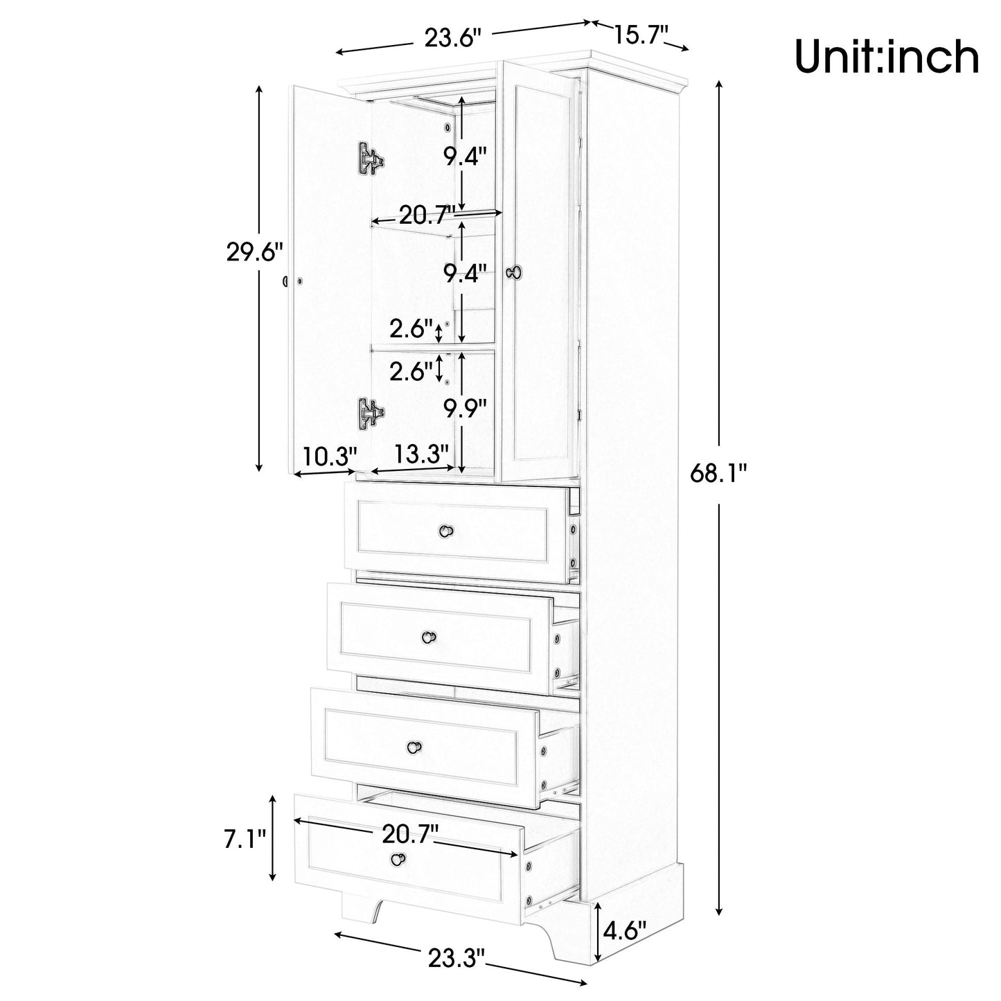 Storage Cabinet with 2 Doors and 4 Drawers for Bathroom, Office, Adjustable Shelf, MDF Board with Painted Finish - 7DAY'S