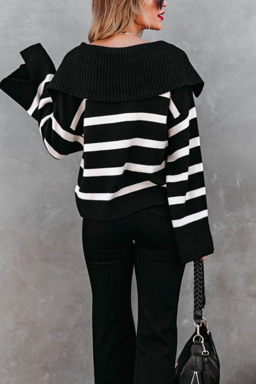 Striped Johnny Collar Long Sleeve Sweater - 7DAY'S