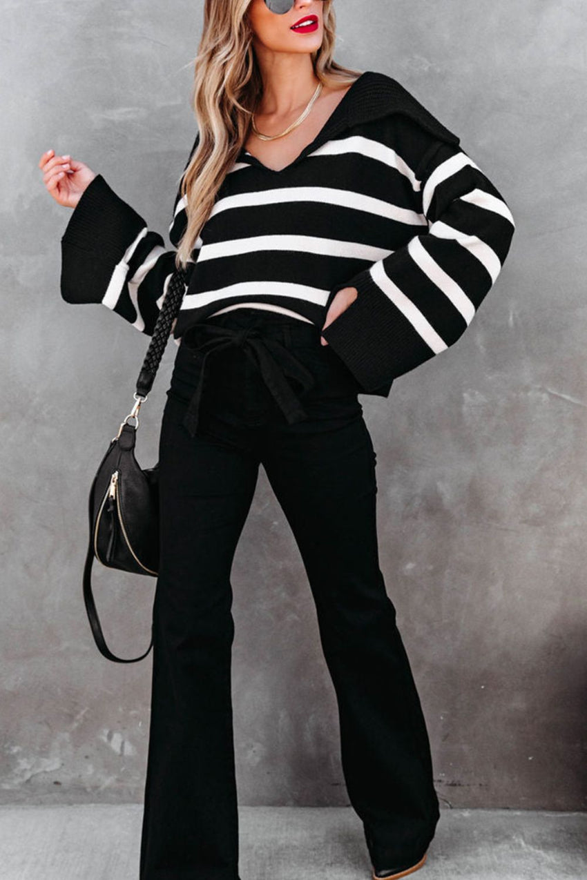 Striped Johnny Collar Long Sleeve Sweater - 7DAY'S