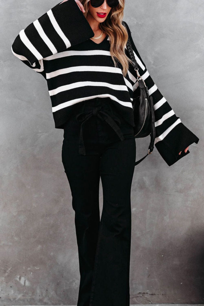 Striped Johnny Collar Long Sleeve Sweater - 7DAY'S