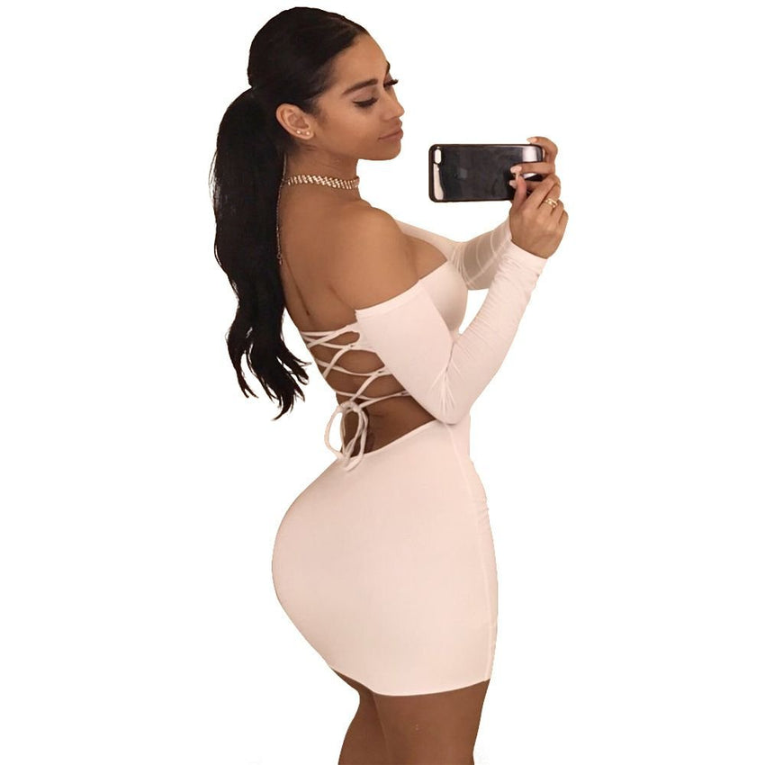 Summer Dress Sexy Back Lace Up Off The Shoulder Mini Dress Women Bodycon Club Dresses Fashion Vestidos - 7DAY'S