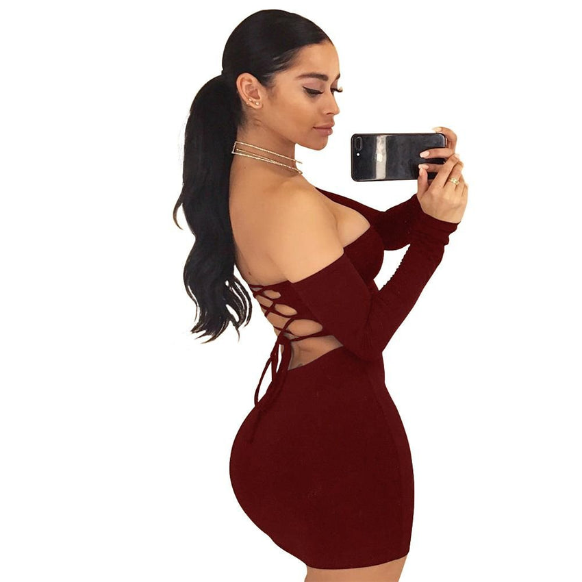 Summer Dress Sexy Back Lace Up Off The Shoulder Mini Dress Women Bodycon Club Dresses Fashion Vestidos - 7DAY'S