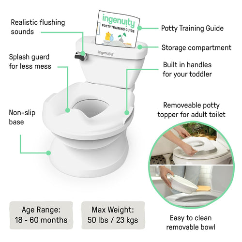 Summer Infant by Ingenuity My Size Potty Pro in White, Toddler Potty Training Toilet, Lifelike Flushing Sound, for Ages 18 Months+, Up to 50 Pounds - 7DAY'S