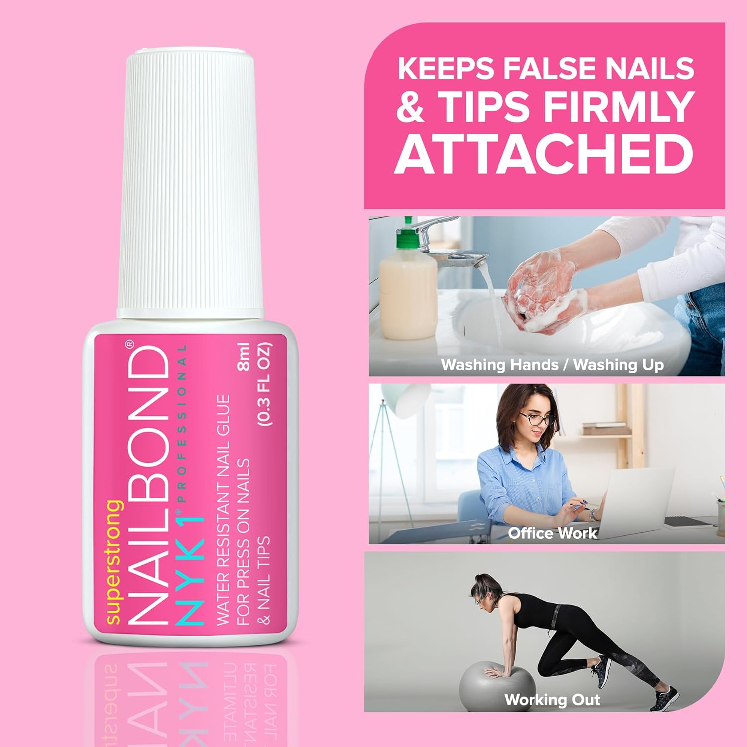 Super Strong Nail Glue for Press On Nails, Nail Tips & Acrylic Nails (8ml) NYK1 NailBond Brush On Glue for Press Ons, Tips & Acrylics - Long Lasting, Maximum Strength, Mess - Free Application - 7DAY'S