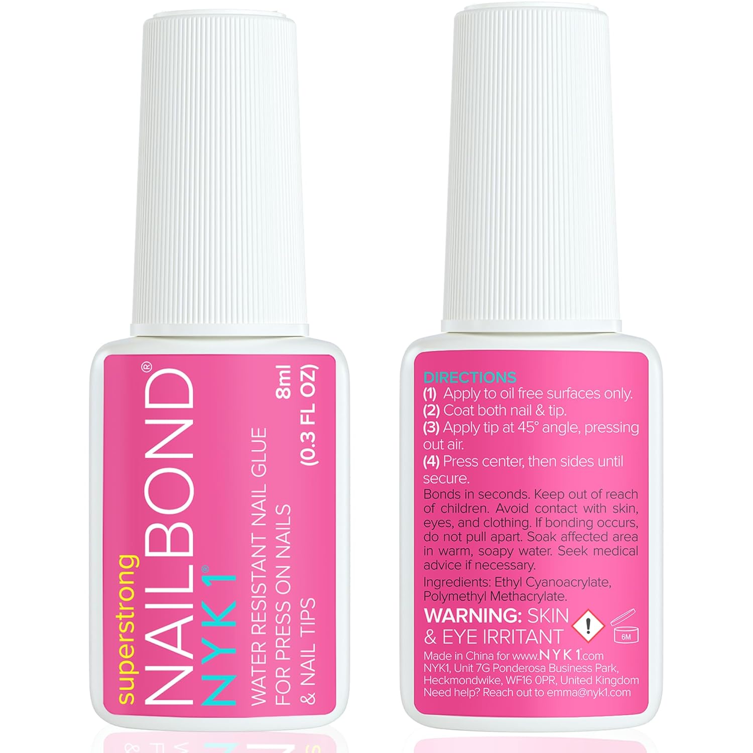 Super Strong Nail Glue for Press On Nails, Nail Tips & Acrylic Nails (8ml) NYK1 NailBond Brush On Glue for Press Ons, Tips & Acrylics - Long Lasting, Maximum Strength, Mess - Free Application - 7DAY'S