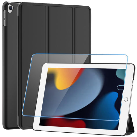 SUPFINE for 10.2 Inch iPad 9th Generation Case 2021, with [ Glass Screen Protector ]/ iPad 8th/7th Generation Case 2020/2019, Slim Stand Translucent Back Shell Cover, Black - 7DAY'S
