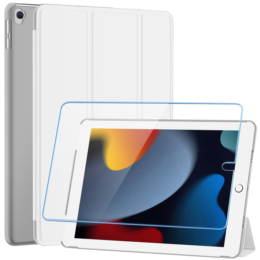 SUPFINE for 10.2 Inch iPad 9th Generation Case 2021, with [ Glass Screen Protector ]/ iPad 8th/7th Generation Case 2020/2019, Slim Stand Translucent Back Shell Cover, Black - 7DAY'S