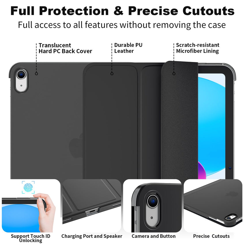 SUPFINE for iPad (A16) 11th Generation Case 11 inch 2025 & iPad 10th Generation Case 10.9 inch 2022, Slim Stand Hard PC Translucent Back Shell Cover (Support Touch ID, Auto Wake/Sleep), Black - 7DAY'S