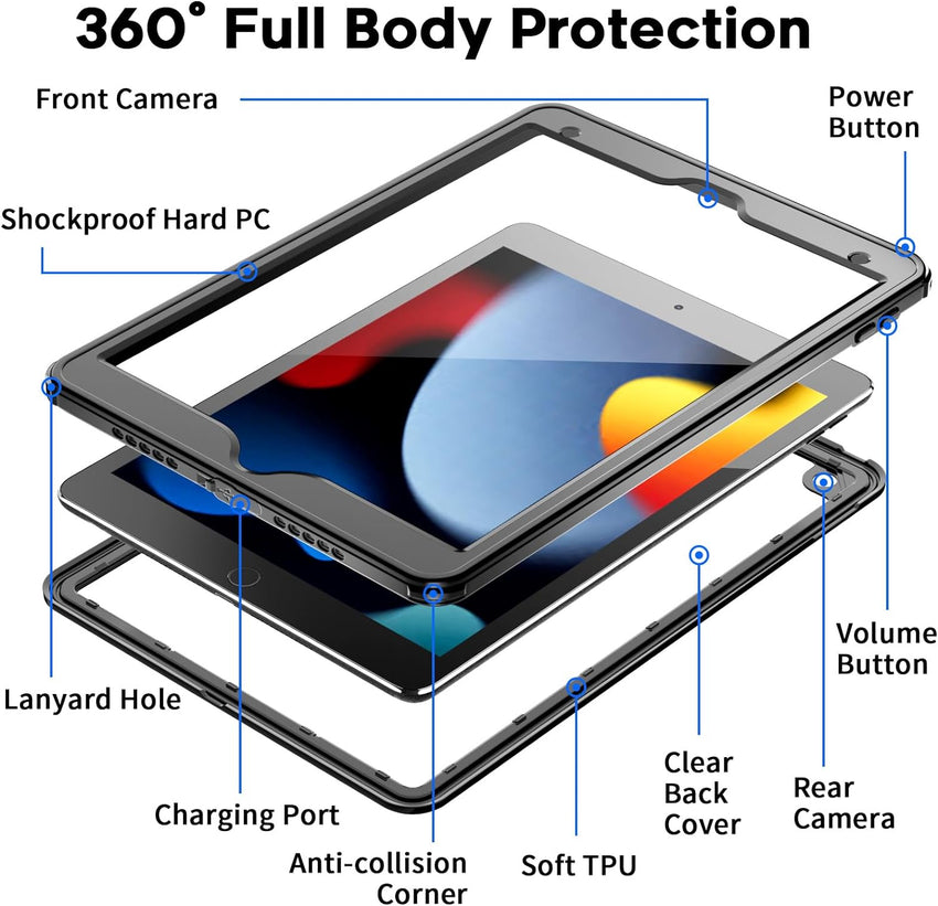 SUPFINE for Waterproof iPad 9th Generation Case, [Built - in Screen Protector] [IP68 Waterproof] Full Body Rugged Shockproof Protective Cover for 10.2 inch iPad 9th/8th/7th(2021/2020/2019), Black/Clear - 7DAY'S