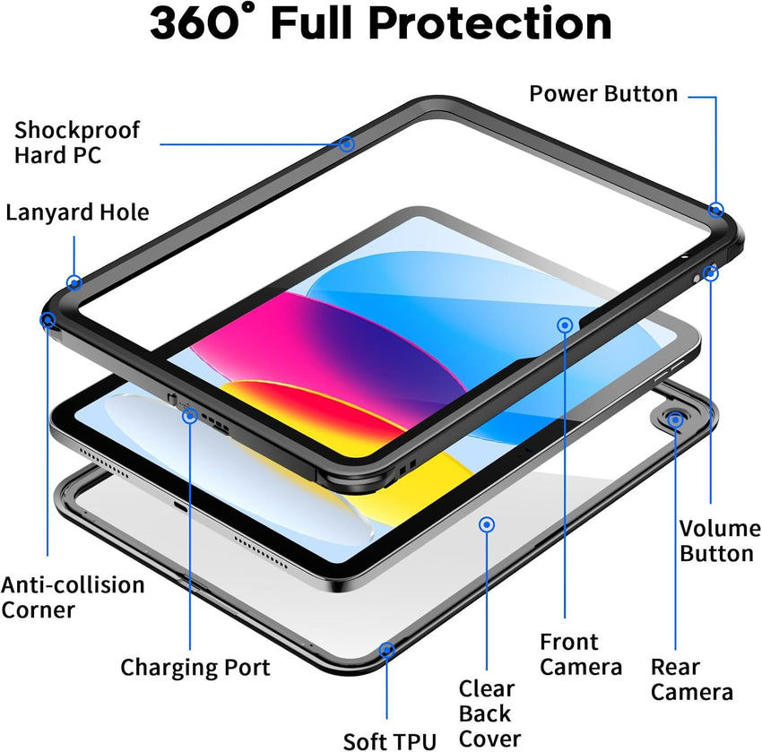 SUPFINE for Waterproof iPad (A16) 11th Generation Case & iPad 10th Generation Case, [Built - in Screen Protector] [IP68 Waterproof] Full Body Rugged Shockproof Protective Cover, Black/Clear - 7DAY'S