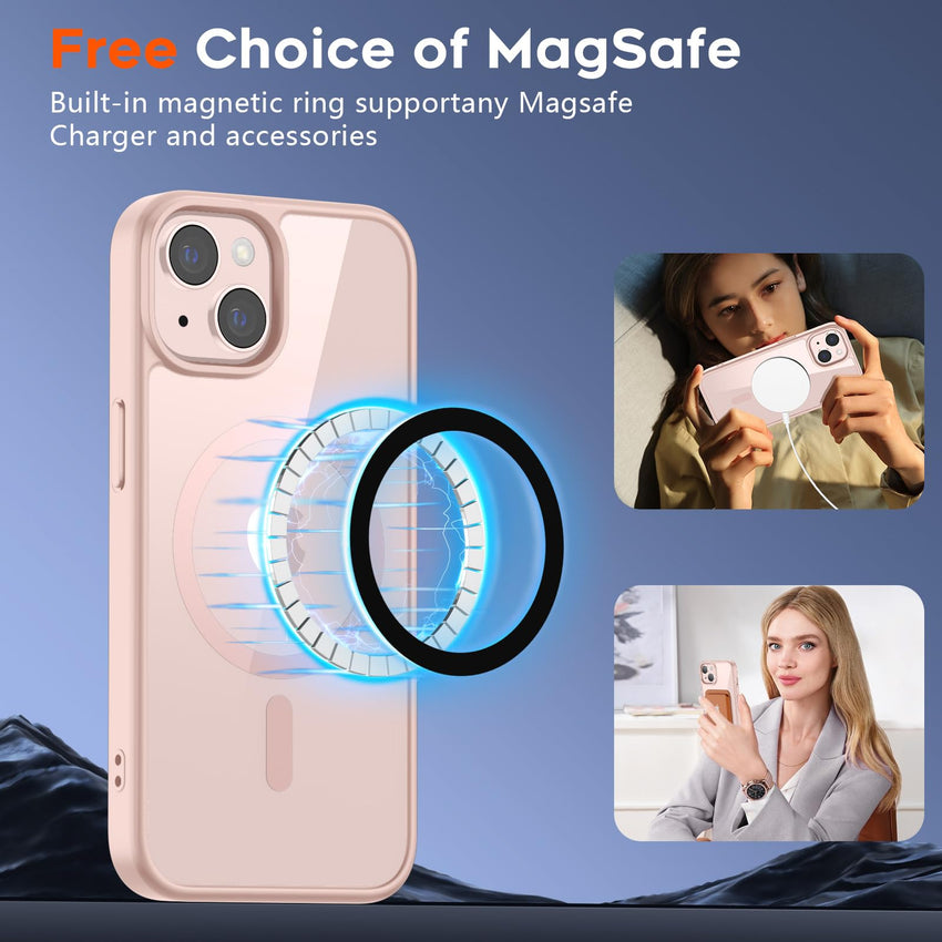 SUPFINE Magnetic for iPhone 13 case & iPhone 14 case, [Compatible with MagSafe][Clear Hard Back with Soft TPU Frame][12FT Military Grade Drop Protection] Shockproof Phone Case,Clear Pink - 7DAY'S